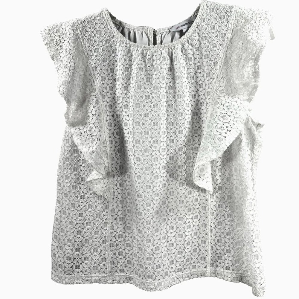 Liz Claiborne Petite Women's Top White with Crochet Overlay Cap Sleeves Size PM